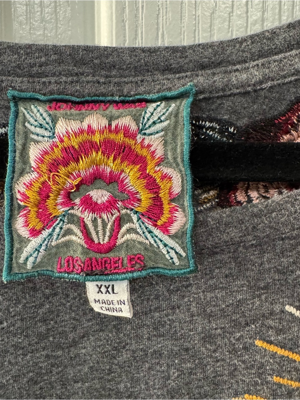 Johnny Was Charcoal Embroidered Long-Sleeve Tee with Multicolor Motifs - Picture 3 of 5